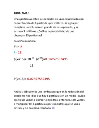 PROBLEMA 1
Unas partículas están suspendidas en un medio liquido con
concentración de 6 partículas por mililitro. Se agita por
completo un volumen en grande de la suspensión, y se
extraen 3 mililitros. ¿Cuál es la probabilidad de que
obtengan 15 partículas?
Solución numérica:
6*3= 18
λ= 18
p(x=15)= 18 15
(e-18
)=0.07857552495
15!
P(x=15)= 0.07857552495
Análisis: Obtuvimos una lambda porque en la redacción del
problema nos dice que hay 6 partículas en un medio liquido
en el cual vamos a extraer 3 mililitros, entonces, solo vamos
a multiplicar las 6 partículas por 3 mililitros que se van a
extraer y no da como resultado 18.
 