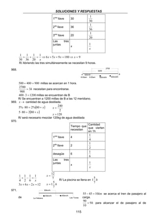 SOLUCIONES Y RESPUESTAS 
1 + + = ⇒ x + x + x = ⇒ x = 
3200 
2700 
A B 
2700 = necesitan para encontrarse. 
400 ⋅ 3 = 1200millas se encuentran de B 
R/ Se encuentran a 1200 millas de B a las 12 meridiano. 
115 
1era llave 30 
1 
30 
2da llave 36 
1 
36 
3era llave 20 
1 
20 
Las tres 
juntas 
x 
1 
x 
1 6 5 9 180 9 
1 
20 
1 
36 
30 
x 
R/ Abriendo las tres simultáneamente se necesitan 9 horas. 
968. 
500 + 400 = 900 millas se acercan en 1 hora. 
3h 
900 
969. x → cantidad de agua destilada. 
( ) 
5% 80 2% 80 
⋅ = + 
( x) 
x 
5 80 2 80 
⋅ = + 
240 
2 
120 
= 
x 
= 
x 
R/ será necesario mezclar 120kg de agua destilada 
970. 
Tiempo que 
necesitan 
Cantidad 
que vierten 
en 1h 
1era llave 4 
1 
4 
2da llave 2 
1 
2 
desagüe 6 
1 
6 
Las tres 
juntas 
x 
1 
x 
1 
1 
+ − = 
6 
x x x 
1 
2 
1 
4 
x 
3 + 6 − 2 = 
12 
x 
12 
7 
15 
= 
x h 
7 
= 
15 
R/ La piscina se llena en h 
7 
971. 
55 − 45 = 10km se acerca el tren de pasajero al 
55km/h 45km/h 
de carga. 
90 = para alcanzar el de pasajero al de 
9h 
10 
500mill/h 
500mill 
8:00am 9:00am 400mill/h 
90km/h 
La Habana Las Tunas 
 