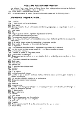 PROBLEMAS DE RAZONAMIENTO LÓGICO 
que falta es Pérez, luego Daniel es Pérez. Como Juan está sentado entre Ariel y el alumno 
Pérez, entonces Ariel es López y Juan es Gómez. 
261. Puede tener 53 domingos como máximo. 
262. La cantidad máxima de meses, que en un mismo año pueden ser de 5 domingos, es 5. 
Cuidando la lengua materna... 
263. La cintura. 
264. “Chivo chiquito sin ch correctamente”. 
265. En el brazo. 
266. De ninguna de las dos, la cebra es de color blanca y negra; aquí se pregunta por el color, no 
12 
por la forma. 
267. En el hueso. 
268. Tú. 
269. Ninguno, pues al comerse el primero deja de estar en ayuna. 
270. En que los dos son sin ceros (sinceros). 
271. Porque se calló, es decir, dejó de gritar. 
272. No, no, no,..., no son cuatro, en realidad son seis, porque el altruista gavilán nos obsequia uno. 
(Otro pollito). 
273. Sí se puede, siendo cubano de nacionalidad y de apellido Alemán. 
274. En el pueblo de Guanajas en el municipio de Nuevitas. 
275. El imperdible. 
276. Como todos excepto 9 han muerto, entonces solo ha muerto uno y quedan 9. 
277. Las dos formas son incorrectas, pues 7+4=11, no 12 como quizás no notaste. 
278. La hora de los mameyes. 
279. La letra n, ni pensar en canguros o koalas. 
280. Un embustero, un mentiroso. 
281. Sí, porque un perro regalado es un can-dado (es decir un candado) y con un candado se cierra 
una puerta. 
282. La de piloto, pues se aprende volando. 
283. De la mata. 
284. Para el suelo. 
285. Padre e hija. 
286. El falso de una prenda de vestir. 
287. La tijera. 
288. Socorro. 
289. El de Gastón. 
290. La tibia (hueso de la pierna). 
291. La letra e, que se observa en lunes, martes, miércoles, jueves y viernes, pero no se ve en 
sábados ni domingos. 
292. Los acordes musicales, escritos en un pentagrama. 
293. En que las dos son notas musicales. 
294. Justo. 
295. Su viuda. 
296. La siempreviva. 
297. La letra b, en el chivo es corta (la v es conocida por muchos como b corta), en el hombre es 
larga y en la mujer no aparece. 
298. El aceite (ACIT). 
299. Equivocadamente. 
300. Elefante. 
301. En la letra s. 
302. El perro, porque es el que siempre ladra. 
303. Ninguno, porque lo que tiene son patas. 
304. E - S - O. 
305. Picadillo. 
306. Todos separan una orilla de la otra, entonces sí hay ríos que se-paran. 
307. 90 (no venta). 
 