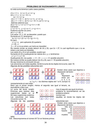 PROBLEMAS DE RAZONAMIENTO LÓGICO 
En esta suma tenemos cuatro casos posibles: 
(1) c + f = i, b + e = h, a + d = g 
(2) c + f = i, b + e = 10 + h, 
34 
(a + 1) + d = g 
(3) c + f = 10 + i, (b+1) + e = h, a + d = g 
(4) c + f = 10 + i, (b+1) + e = 10 + h, (a+1) + d = g 
Además sabemos que: 
(5) a + b + c + d + e + f + g + h + i = 45 
Llamando: 
x = a + b + c, y = d + e + f, z = g + h + i 
Podemos escribir (5) como: 
(6) x + y = 45 - z 
Los casos (1) y (4) se descartan, puesto que: 
Sumando en (1), tendríamos: 
(a + b + c) + (d + e + f) = (g + h + i), 
Es decir: 
x + y = z, pero aplicando (6) quedaría: 
z = 45 - z 
2z = 45 (z no es entero, por tanto es imposible) 
De manera similar se puede deducir de (4) y (6), que 2z = 27, lo cual significaría que z no es 
entero y por tanto es imposible. 
Los casos (2) y (3) si son posibles, puesto que: 
Sumando en (2) y sustituyendo los valores de x, y, z, tendríamos: 
x + y + 1 = z + 10 
Sustituyendo (6), nos queda: z + 9 = 45 − z ⇒ z = 18 (posible solución) 
De manera similar se puede deducir de (3) y (6), que z = 18 (posible solución) 
De aquí tenemos la conclusión de que: 
Las soluciones son todas aquellas, donde la suma de los dígitos de la suma, sean 18. 
Algunas de las posibles soluciones son: 
Existen otros casos que dejamos a 
disposición del lector. 
533. 
Represent 
emos por 
a, b, c, d, 
e, f, g, h, i los distintos dígitos del 1 al 9, aunque no 
necesariamente en ese orden. 
Decir que el primer renglón, menos el segundo sea igual al tercero, es 
equivalente a decir que: 
La suma del tercer renglón mas el segundo sea igual al primero. 
Entonces para resolver este problema te recomendamos ver las 
sugerencias dadas en el problema anterior. 
De esas sugerencias podemos concluir que: 
Las soluciones son todas aquellas, en donde los dígitos del 
minuendo suman 18. 
Algunas de las posibles soluciones son: 
Existen otros casos que dejamos a 
disposición del lector. 
534. Una 
forma de 
hacerlo es 
como 
muestra la 
tabla: 
535. Descomponemos el número 8n3-2n en factores primos: 
1 2 3 4 5 6 
6 1 2 3 4 5 
5 6 1 2 3 4 
4 5 6 1 2 3 
3 4 5 6 1 2 
2 3 4 5 6 1 
 