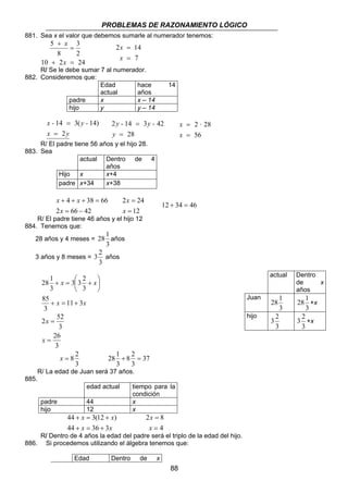 PROBLEMAS DE RAZONAMIENTO LÓGICO 
881. Sea x el valor que debemos sumarle al numerador tenemos: 
88 
3 
2 
+ 
8 
5 
x 
x 
= 
10 + 2 = 
24 
2 14 
x 
7 
x 
= 
= 
R/ Se le debe sumar 7 al numerador. 
882. Consideremos que: 
Edad 
actual 
hace 14 
años 
padre x x – 14 
hijo y y – 14 
x - y - 
14 3( 14) 
= 
x 2 
y 
= 
y - y - 
= 
2 14 = 
3 42 
y 
28 
x · 
= 
2 28 
56 
x 
= 
R/ El padre tiene 56 años y el hijo 28. 
883. Sea 
actual Dentro de 4 
años 
Hijo x x+4 
padre x+34 x+38 
x x 
4 38 66 
= − 
+ + + = 
x 
2 66 42 
2 24 
= 
= 
x 
12 
x 
12 + 34 = 46 
R/ El padre tiene 46 años y el hijo 12 
884. Tenemos que: 
28 años y 4 meses = 
28 1 años 
3 
3 años y 8 meses = 
3 2 años 
3 
3 3 2 
+ =  + 
x x 
x 11 3 
x 
28 1 
85 
3 
3 
3 
+ = + 
 
 
 
2 52 
3 
= 
26 
3 
= 
x 
x 
28 1 + = 
8 2 
x = 8 2 37 
3 
3 
3 
R/ La edad de Juan será 37 años. 
885. 
edad actual tiempo para la 
condición 
padre 44 x 
hijo 12 x 
x x 
44 + = 3(12 + 
) 
+ = + 
x x 
44 36 3 
x 
2 8 
= 
4 
= 
x 
R/ Dentro de 4 años la edad del padre será el triplo de la edad del hijo. 
886. Si procedemos utilizando el álgebra tenemos que: 
Edad Dentro de x 
actual Dentro 
de x 
años 
Juan 
28 1 
3 
28 1 +x 
3 
hijo 
3 2 
3 
3 2 +x 
3 
 