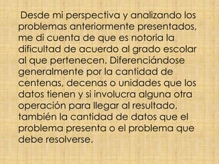     Desde mi perspectiva y analizando los problemas anteriormente presentados, me di cuenta de que es notoria la dificultad de acuerdo al grado escolar al que pertenecen. Diferenciándose generalmente por la cantidad de centenas, decenas o unidades que los datos tienen y si involucra alguna otra operación para llegar al resultado, también la cantidad de datos que el problema presenta o el problema que debe resolverse.
