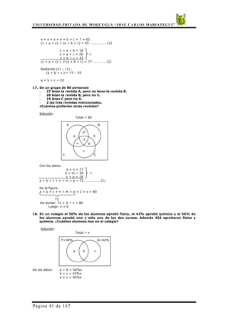UNIVERSIDAD PRIVADA DE MOQUEGUA “JOSE CARLOS MARIATEGUI”
Página 41 de 167
x + y + z + a + b + c + 7 = 62
(x + y + z) + (a + b + c) = 55 ……………… (1)
x + a + b = 18
y + a + c = 26 +
z + b + c = 33
(x + y + z) + 2 (a + b + c) = 77 …………… (2)
Restando (2) – (1) :
(a + b + c ) = 77 – 55
a + b + c = 22
17. De un grupo de 80 personas:
- 27 leían la revista A, pero no leían la revista B.
- 26 leían la revista B, pero no C.
- 19 leían C pero no A.
- 2 las tres revistas mencionadas.
¿Cuántos preferían otras revistas?
Solución:
Total = 80
A B
m
a b
2
n p
c
x C
Con los datos:
a + n = 27
b + m = 26 +
c + p = 19
a + b + c + n + m + p = 72 ……………… (1)
De la figura:
a + b + c + n + m + p + 2 + x = 80
72
De donde: 72 + 2 + x = 80
Luego: x = 6
18. En un colegio el 50% de los alumnos aprobó física, el 42% aprobó química y el 56% de
los alumnos aprobó uno y sólo uno de los dos cursos. Además 432 aprobaron física y
química. ¿Cuántos alumnos hay en el colegio?
Solución:
Total = x
F=50% G=42%
a b c
De los datos: a + b = 50%x
b + c = 42%x
a + c = 56%x
 