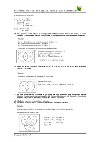 UNIVERSIDAD PRIVADA DE MOQUEGUA “JOSE CARLOS MARIATEGUI”
Página 42 de 167
Sumando las tres relaciones:
2 (a + b + c) = 148% x
a + b + c = 74% x
56% x + b = 74% x
b = 18% x = 432
Luego: 18/100 = 432
∴ x = 2400
19. Una persona come plátano o naranja cada mañana durante el mes de marzo, si come
naranja 25 mañanas y plátano 18 mañanas. ¿Cuántas mañanas come plátano y naranjas?
Solución:
Sea U = {mes de marzo} conjunto universal Æ n(U) = 31
A = {mañanas que come plátano} Æ n(A) = 18
B = {mañanas que come naranja} Æ n(B) = 25
Ubiquemos la información en un diagrama de Venn-Euler.
U
Mañanasquecomenplátano y naranjas = x
n(A∪B) = n(A) + n(B) – n(A∩B)
31 = 18 – x + 25 – x – x
3x = 43 – 31 = 12 de donde x = 4
∴ 4 mañanas come plátano y naranja.
20. Sean A y B dos conjuntos tales que n(A∪B) = 24 y n(A – B) = 10, n(B – A) = 6- Hallar
5[n(A)] – 4 [n(B)]
Solución:
Ubiquemos los datos en un diagrama de Venn-Euler.
Calculando se tiene:
5 [n(A)] – 4 [n(B)] = 5(18) – 4(14) = 90 – 56 = 34
21. En una investigación realizada a un grupo de 100 personas, que estudiaban varios
idiomas fueron los siguientes: Español 28, Alemán 30, Francés 42, Español y Alemán 8,
Español y Francés 10, Alemán y Francés 5 y los tres idiomas 3.
a) ¿Cuántos alumnos no estudiaban idiomas?
b) ¿Cuántos alumnos tenían como francés el único idioma de estudio?
Solución:
Ilustraremos el problema en un diagrama de Venn-Euler, para facilitar la solución.
En el diagrama se observa que:
n (E∩A∩F) = 3; n(A∩F) = 5
n (E∩F) = 10 ; n(E∩A) = 8
n(F) = 42 ; n(A) = 30
n(E) = 28
A B
18-x x 25-x
A B
10 8 6
A B
13 5 20
3
7 2
30
F
 