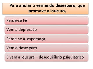 Para anular o verme do desespero, que
promove a loucura,
Perde-se Fé
Vem a depressão
Perde-se a esperança
Vem o desespero
E vem a loucura – desequilíbrio psiquiátrico
 