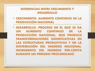 DIFERENCIAS ENTRE CRECIMIENTO Y
DESARROLLO
• CRECIMIENTO: AUMENTO CONTINUO DE LA
PRODUCCIÓN NACIONAL
• DESARROLLO: PROCESO EN EL QUE SE DA
UN AUMENTO CONTINUO DE LA
PRODUCCIÓN NACIONAL, QUE PRODUCE
TRANSFORMACIONES SIGNIFICATIVAS EN
LAS ESTRUCTURAS PRODUCTIVAS Y EN LA
DISTRIBUCIÓN DEL INGRESO NACIONAL,
INCREMENTO DEL INGRESO PER-CÁPITA
DURANTE UN PERIODO PROLONGADO
 
