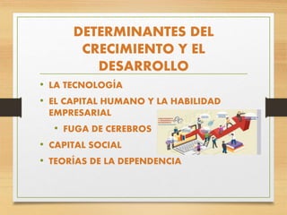 DETERMINANTES DEL
CRECIMIENTO Y EL
DESARROLLO
• LA TECNOLOGÍA
• EL CAPITAL HUMANO Y LA HABILIDAD
EMPRESARIAL
• FUGA DE CEREBROS
• CAPITAL SOCIAL
• TEORÍAS DE LA DEPENDENCIA
 