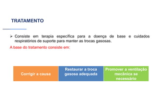 TRATAMENTO
➢ Consiste em terapia específica para a doença de base e cuidados
respiratórios de suporte para manter as trocas gasosas.
A base do tratamento consiste em:
Corrigir a causa
Restaurar a troca
gasosa adequada
Promover a ventilação
mecânica se
necessário
 