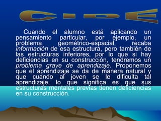Cuando el alumno está aplicando un
pensamiento particular, por ejemplo, un
problema geométrico-espacial, recaba
información de esa estructura, pero también de
las estructuras inferiores, por lo que si hay
deficiencias en su construcción, tendremos un
problema grave de aprendizaje. Proponemos
que el aprendizaje se da de manera natural y
que cuando al joven se le dificulta tal
aprendizaje, lo que significa es que sus
estructuras mentales previas tienen deficiencias
en su construcción.
 