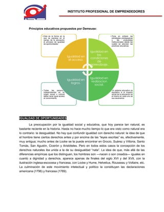 INSTITUTO PROFESIONAL DE EMPRENDEDORES
Principios educativos propuestos por Demeuse:
IGUALDAD DE OPORTUNIDADES
La preocupación por la igualdad social y educativa, que hoy parece tan natural, es
bastante reciente en la historia. Hasta no hace mucho tiempo lo que era visto como natural era
lo contrario: la desigualdad. No hay que confundir igualdad con derecho natural: la idea de que
el hombre tiene ciertos derechos antes y por encima de las “leyes escritas” es, efectivamente,
muy antigua; mucho antes de Locke se la puede encontrar en Grocio, Suárez y Vittoria, Santo
Tomás, San Agustín, Cicerón y Aristóteles. Pero en todos estos casos la concepción de los
derechos naturales iba unida a la de su desigualdad “nata”. La idea de que, más allá de las
diferencias empíricas que los distinguen, los hombres son —nacen o son creados— iguales en
cuanto a dignidad y derechos, aparece apenas de finales del siglo XVI y del XVII, con la
ilustración inglesa-escocesa y francesa, con Locke y Hume, Helvetius, Rousseau y Voltaire, etc.
La culminación de este movimiento intelectual y político la constituyen las declaraciones
americana (1796) y francesa (1789).
• Un sistema educativo es
equitativo si el impacto
social de la educacion es
el mismo en cada uno de
sus escenarios.
• Todas las personas
independientes en su
origen social o cultural
deben tener igual acceso
al conocimiento.
• Pone en enfasis las
estrategias predagogicas
y las propuestas
institucionales desde las
cuales se abordan las
practicas educativas.
• Esta es la forma en la
que se expresa en el
campo de la educación
el principio de igualdad
de oportunidades.
Igualdad en
el acceso.
Igualdad en
las
condiciones
de
aprendizaje.
Igualdad en
realizacion
social.
Igualdad en
logros.
 