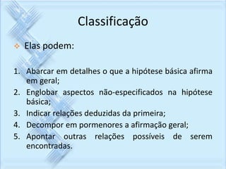 Classificação 
 Elas podem: 
1. Abarcar em detalhes o que a hipótese básica afirma 
em geral; 
2. Englobar aspectos não-especificados na hipótese 
básica; 
3. Indicar relações deduzidas da primeira; 
4. Decompor em pormenores a afirmação geral; 
5. Apontar outras relações possíveis de serem 
encontradas. 
 