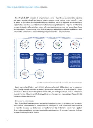 22
ESCOLA DE EDUCAÇÃO E DESENVOLVIMENTO HUMANO_ISEC LISBOA
Na definição da IDEA, para além da componente emocional e dependendo da problemática específica
que poderá ser diagnosticada, a criança ou o jovem pode apresentar mais ou menos limitações e mais
ou menos incapacidades relativamente às áreas psicomotoras, sociais ou cognitivas. No entanto, essas
problemáticas específicas são entidades eminentemente de diagnóstico clínico e algumas de tratamento
com grande incidência farmacológica e que, pela natureza deste documento, não aprofundarei. Neste
sentido, interessa sublinhar que as crianças ou os jovens que apresentam problemas emocionais e com-
portamentais caraterizam-se essencialmente por aspetos referidos a comportamentos.
PERCEÇÃO
pelos orgãos
sensoriais
PROCESSADO
no tálamo
(cor, textura, odor,
sabor) segundo
experiências
e significados
anteriores
COMPORTAMENTO INSCRITO NO PLANO DO PENSADO E REFLETIDO
COMPORTAMENTO
INSCRITO
MERAMENTE
NO
PLANO
DO
AGIDO
TRADUZIDO
em imagens
no córtex visual,
com base
em experiências
anteriores
A INFORMAÇÃO
é descodificada
no córtex pré-frontal,
emanando
informação para
o hipótalamo que
emana informação
para todas as partes
do corpo sendo
traduzida em ação
Figura 6: O comportamento humano no plano do pensado e no plano do meramente agido
Pezzi, Mahendral, Ghedin e Marin (2018), referindo Achenbach (1991), dizem que os problemas
emocionais e comportamentais se podem classificar na sua dimensão de externalização e de in-
ternalização. As duas dimensões podem ser descritas, de modo geral e com base no relatório da
Al Ain University of Science and Technology Classroom Management elaborado por Rajesh (2018),
com as seguintes caraterísticas:
Dimensão de externalização
Esta dimensão enquadra diversos comportamentos que as crianças ou jovens com problemas
emocionais e comportamentais podem denotar como padrão e de forma mais acentuada que
os restantes pares da sua idade. Esses comportamentos são diretamente observáveis e podem
dirigir-se tanto aos adultos como aos pares e alguns deles podem dirigir-se a si mesmo e ainda ser
direcionados a objetos e/ou animais.
 