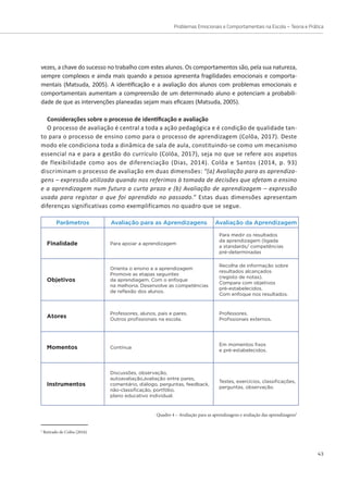 Problemas Emocionais e Comportamentais na Escola – Teoria e Prática
43
vezes, a chave do sucesso no trabalho com estes alunos. Os comportamentos são, pela sua natureza,
sempre complexos e ainda mais quando a pessoa apresenta fragilidades emocionais e comporta-
mentais (Matsuda, 2005). A identificação e a avaliação dos alunos com problemas emocionais e
comportamentais aumentam a compreensão de um determinado aluno e potenciam a probabili-
dade de que as intervenções planeadas sejam mais eficazes (Matsuda, 2005).
Considerações sobre o processo de identificação e avaliação
O processo de avaliação é central a toda a ação pedagógica e é condição de qualidade tan-
to para o processo de ensino como para o processo de aprendizagem (Colôa, 2017). Deste
modo ele condiciona toda a dinâmica de sala de aula, constituindo-se como um mecanismo
essencial na e para a gestão do currículo (Colôa, 2017), seja no que se refere aos aspetos
de flexibilidade como aos de diferenciação (Dias, 2014). Colôa e Santos (2014, p. 93)
discriminam o processo de avaliação em duas dimensões: “(a) Avaliação para as aprendiza-
gens – expressão utilizada quando nos referimos à tomada de decisões que afetam o ensino
e a aprendizagem num futuro a curto prazo e (b) Avaliação de aprendizagem – expressão
usada para registar o que foi aprendido no passado.” Estas duas dimensões apresentam
diferenças significativas como exemplificamos no quadro que se segue.
Quadro 4 – Avaliação para as aprendizagens e avaliação das aprendizagens5
Parâmetros Avaliação para as Aprendizagens Avaliação da Aprendizagem
Finalidade Para apoiar a aprendizagem
Para medir os resultados
da aprendizagem (ligada
a standards/ competências
pré-determinadas
Objetivos
Orienta o ensino e a aprendizagem
Promove as etapas seguintes
da aprendiagem. Com o enfoque
na melhoria. Desenvolve as competências
de reflexão dos alunos.
Recolha de informação sobre
resultados alcançados
(registo de notas).
Compara com objetivos
pré-estabelecidos.
Com enfoque nos resultados.
Atores
Professores, alunos, pais e pares.
Outros profissionais na escola.
Professores.
Profissionais externos.
Momentos Contínua
Em momentos fixos
e pré-estabelecidos.
Instrumentos
Discussões, observação,
autoavaliação,avaliação entre pares,
comentário, diálogo, perguntas, feedback,
não-classificação, portfólio,
plano educativo individual.
Testes, exercícios, classificações,
perguntas, observação.
5
Retirado de Colôa (2016)
 