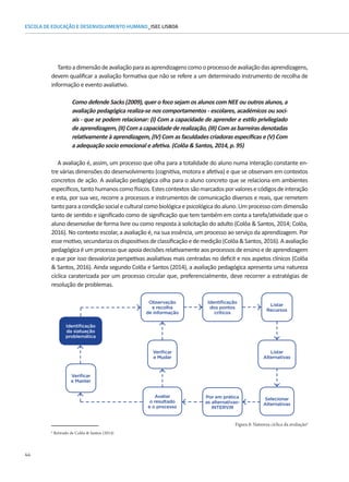 44
ESCOLA DE EDUCAÇÃO E DESENVOLVIMENTO HUMANO_ISEC LISBOA
Tantoadimensãodeavaliaçãoparaasaprendizagenscomooprocessodeavaliaçãodasaprendizagens,
devem qualificar a avaliação formativa que não se refere a um determinado instrumento de recolha de
informação e evento avaliativo.
Como defende Sacks (2009), quer o foco sejam os alunos com NEE ou outros alunos, a
avaliação pedagógica realiza-se nos comportamentos - escolares, académicos ou soci-
ais - que se podem relacionar: (I) Com a capacidade de aprender e estilo privilegiado
deaprendizagem,(II)Comacapacidadederealização,(III)Comasbarreirasdenotadas
6
Retirado de Colôa  Santos (2014)
relativamente à aprendizagem, (IV) Com as faculdades criadoras específicas e (V) Com
a adequação socio emocional e afetiva. (Colôa  Santos, 2014, p. 95)
A avaliação é, assim, um processo que olha para a totalidade do aluno numa interação constante en-
tre várias dimensões do desenvolvimento (cognitiva, motora e afetiva) e que se observam em contextos
concretos de ação. A avaliação pedagógica olha para o aluno concreto que se relaciona em ambientes
específicos,tantohumanoscomofísicos.Estescontextossãomarcadosporvaloresecódigosdeinteração
e esta, por sua vez, recorre a processos e instrumentos de comunicação diversos e reais, que remetem
tantoparaacondiçãosocialeculturalcomobiológicaepsicológicadoaluno.Umprocessocomdimensão
tanto de sentido e significado como de significação que tem também em conta a tarefa/atividade que o
aluno desenvolve de forma livre ou como resposta à solicitação do adulto (Colôa  Santos, 2014; Colôa,
2016). No contexto escolar, a avaliação é, na sua essência, um processo ao serviço da aprendizagem. Por
essemotivo,secundarizaosdispositivosdeclassificaçãoedemedição(ColôaSantos,2016).Aavaliação
pedagógica éum processo que apoia decisões relativamenteaos processos deensino e de aprendizagem
e que por isso desvaloriza perspetivas avaliativas mais centradas no deficit e nos aspetos clínicos (Colôa
 Santos, 2016). Ainda segundo Colôa e Santos (2014), a avaliação pedagógica apresenta uma natureza
Figura 8: Natureza cíclica da avaliação6
Observação
e recolha
de informação
Identificação
da siatuação
problemática
Verificar
e Manter
Avaliar
o resultado
e o processo
Identificação
dos pontos
críticos
Por em prática
as alternativas-
INTERVIR
Selecionar
Alternativas
Listar
Alternativas
Verificar
e Mudar
Listar
Recursos
cíclica caraterizada por um processo circular que, preferencialmente, deve recorrer a estratégias de
resolução de problemas.
 