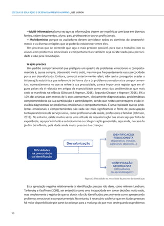 50
ESCOLA DE EDUCAÇÃO E DESENVOLVIMENTO HUMANO_ISEC LISBOA
– Multi-informacional uma vez que as informações devem ser recolhidas com base em diversas
fontes, sejam documentos, aluno, pais, professores e outros profissionais.
– Multidomínios porque os avaliadores devem considerar todos os domínios do desenvolvi-
mento e as diversas relações que se poderão estabelecer entre eles.
Um processo que se pretende que seja o mais precoce possível, para que o trabalho com os
alunos com problemas emocionais e comportamentais também seja caraterizado pela precoci-
dade e não pela remediação.
A ação precoce
Um padrão comportamental que prefigura um quadro de problemas emocionais e comporta-
mentais é, quase sempre, observado muito cedo, mesmo que frequentemente essa precocidade
possa ser desvalorizada. Embora, como já anteriormente referi, não tenha conseguido aceder a
informação estatística que referencie de forma clara os problemas emocionais e comportamen-
tais, nomeadamente no que se refere à sua precocidade, parece importante registar que em al-
guns países ela é relatada em artigos da especialidade como umas das problemáticas que mais
cedo se manifesta na infância (Gleason  Yogman, 2016). Segundo Gleason e Yogman (2016), 8% a
10% das crianças com menos de 5 anos apresentam, clinicamente diagnosticadas, problemáticas
comprometedoras da sua participação e aprendizagem, sendo que nestas percentagens estão in-
cluídos diagnósticos de problemas emocionais e comportamentais. É uma realidade que os prob-
lemas emocionais e comportamentais são cada vez mais significativos e fonte de preocupação
tanto para técnicos de serviço social, como profissionais da saúde, professores e famílias (Johnson,
2016). No entanto, existe muitas vezes uma atitude de desvalorização dos sinais seja por falta de
experiência, seja por confusão e reducionismo ou categorização generalista, seja ainda, no caso do
jardim de infância, pela idade ainda muito precoce das crianças.
Figura 12: Dificuldades na precocidade do processo de identificação
Dificuldades
na precocidade
da identificação
IDENTIFICAÇÃO
REDUCIONISTA
(hiperativo, instável,
agressivo, disléxico,...)
IDENTIFICAÇÃO
GENERALISTA
(dificuldades
de aprendizagem)
Desvalorização
Esta apreciação negativa relativamente à identificação precoce não deve, como referem Landrum;
Tankersley e Kauffman (2003), ser entendida como uma incapacidade em tomar decisões muito cedo,
mas simplesmente o registo de que os alunos não são identificados precocemente como apresentando
problemas emocionais e comportamentais. No entanto, é necessário sublinhar que em idades precoces
há maior disponibilidade por parte das crianças para a mudança do que mais tarde quando os problemas
 
