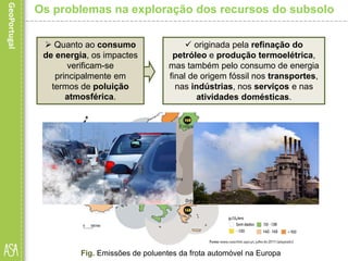  originada pela refinação do
petróleo e produção termoelétrica,
mas também pelo consumo de energia
final de origem fóssil nos transportes,
nas indústrias, nos serviços e nas
atividades domésticas.
Fig. Emissões de poluentes da frota automóvel na Europa
Os problemas na exploração dos recursos do subsolo
 Quanto ao consumo
de energia, os impactes
verificam-se
principalmente em
termos de poluição
atmosférica.
 