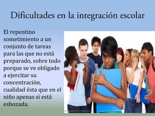 Dificultades en la integración escolar
El repentino
sometimiento a un
conjunto de tareas
para las que no está
preparado, sobre todo
porque se ve obligado
a ejercitar su
concentración,
cualidad ésta que en el
niño apenas si está
esbozada.
Capacitación & Competencias

21

 