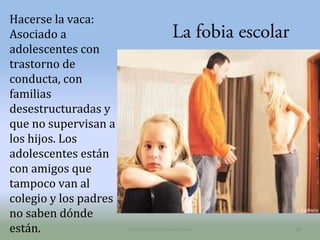 Hacerse la vaca:
Asociado a
adolescentes con
trastorno de
conducta, con
familias
desestructuradas y
que no supervisan a
los hijos. Los
adolescentes están
con amigos que
tampoco van al
colegio y los padres
no saben dónde
están.

La fobia escolar

Capacitación & Competencias

28

 