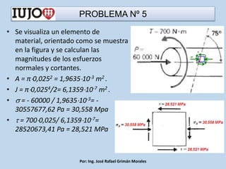 PROBLEMA Nº 5
• Se visualiza un elemento de
material, orientado como se muestra
en la figura y se calculan las
magnitudes de los esfuerzos
normales y cortantes.
• A = π0,0252 = 1,963510-3 m2 .
• J = π0,0254/2= 6,135910-7 m2 .
•  = - 60000 / 1,963510-3= -
30557677,62 Pa = 30,558 Mpa
•  = 7000,025/ 6,135910-7=
28520673,41 Pa = 28,521 MPa
Por: Ing. José Rafael Grimán Morales
 