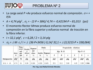 PROBLEMA Nº 2
• La carga axial P =Ax produce esfuerzo normal de compresión.  = +
P/A
• A = 4,74 plg2 , 1 = - (2P + 384)/ 4,74 = -0,42194P – 81,013 (psi)
• El momento flector Mmax produce esfuerzo normal de
compresión en la fibra superior y esfuerzo normal de tracción en
la fibra inferior.
• I = 32,1 plg4, c = 6,28 / 2 = 3,14 plg
• 2 =  M c / I =  (36P+3456 )3,14/ 32,1 =  (3,5215P + 338,064)
Por: Ing. José Rafael Grimán Morales
 