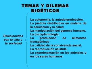 TEMAS Y DILEMAS
              BIOÉTICOS

                La autonomía, la autodeterminación.
                La justicia distributiva en materia de
                la educación y la salud
                La manipulación del genoma humano.
                La transplantología.
Relacionados
                La     producción      de    alimentos
con la vida y
                transgénicos
 la sociedad
                La calidad de la convivencia social.
                La reproducción asistida.
                La experimentación en los animales y
                en los seres humanos.
 