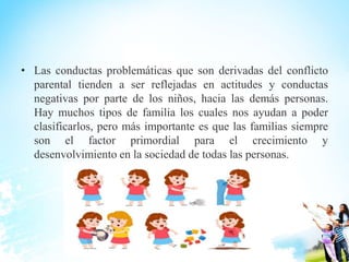 • Las conductas problemáticas que son derivadas del conflicto
parental tienden a ser reflejadas en actitudes y conductas
negativas por parte de los niños, hacia las demás personas.
Hay muchos tipos de familia los cuales nos ayudan a poder
clasificarlos, pero más importante es que las familias siempre
son el factor primordial para el crecimiento y
desenvolvimiento en la sociedad de todas las personas.
 
