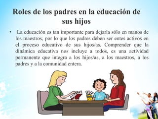 Roles de los padres en la educación de
sus hijos
• La educación es tan importante para dejarla sólo en manos de
los maestros, por lo que los padres deben ser entes activos en
el proceso educativo de sus hijos/as. Comprender que la
dinámica educativa nos incluye a todos, es una actividad
permanente que integra a los hijos/as, a los maestros, a los
padres y a la comunidad entera.
 