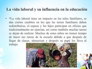La vida laboral y su influencia en la educación
• “La vida laboral tiene un impacto en los roles familiares, se
dan ciertos cambios en los que las tareas familiares deben
redistribuirse, el esposo y los hijos participan en oficios que
tradicionalmente no ejercían, así como también muchas tareas
se dejan de realizar. Muchos de estos niños no tienen tiempo
de hacer sus tareas de la escuela debido a que después de
llegar de clases, almuerzan y después su papá los lleva al
trabajo.
 