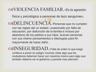 VIOLENCIA FAMILIAR.-Es la agresión 
física y psicológica a personas de lazo sanguíneo. 
 
DELINCUENCIA.-Personas que no cumplen 
con las reglas del un estado ,ocasionado por falta de 
educación, por disfunción de la familia e incluso por 
abandono de los padres a sus hijos, buscan personas 
con sus mismo pensamientos e ideologías para fin 
mayormente de hacer daño. 
INSEGURIDAD.-Falta de orden lo que luego 
conlleva a poner en peligro muchas vidas algo que los 
ciudadanos deberían hacer por nosotros mismo pero algo que 
también debería ver el gobierno y ponerle mas atención 
 