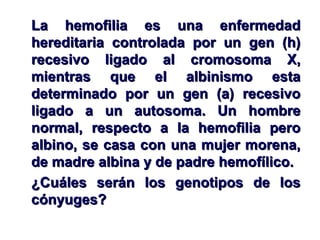 La hemofilia eess uunnaa eennffeerrmmeeddaadd 
hheerreeddiittaarriiaa ccoonnttrroollaaddaa ppoorr uunn ggeenn ((hh)) 
rreecceessiivvoo lliiggaaddoo aall ccrroommoossoommaa XX,, 
mmiieennttrraass qquuee eell aallbbiinniissmmoo eessttaa 
ddeetteerrmmiinnaaddoo ppoorr uunn ggeenn ((aa)) rreecceessiivvoo 
lliiggaaddoo aa uunn aauuttoossoommaa.. UUnn hhoommbbrree 
nnoorrmmaall,, rreessppeeccttoo aa llaa hheemmooffiilliiaa ppeerroo 
aallbbiinnoo,, ssee ccaassaa ccoonn uunnaa mmuujjeerr mmoorreennaa,, 
ddee mmaaddrree aallbbiinnaa yy ddee ppaaddrree hheemmooffíílliiccoo.. 
¿CCuuáálleess sseerráánn llooss ggeennoottiippooss ddee llooss 
ccóónnyyuuggeess?? 
 
