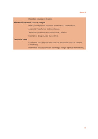 Anexo III
83
Decisões pouco ponderadas
Mau relacionamento com os colegas
Reacções negativas extremas a queixas ou comentários.
Aparentar mau humor e desconﬁança
Tentativas para obter empréstimos de dinheiro.
Subtrair-se à supervisão ou controlo.
Outros factores
Problemas psicológicos (sintomas de depressão, medos, desvios
e insónias.)
Problemas físicos (dores de estômago, fadiga e perda de memória).
 