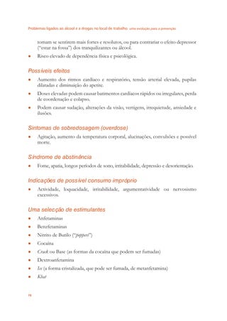 Problemas ligados ao álcool e a drogas no local de trabalho uma evolução para a prevenção
78
tomam se sentirem mais fortes e resolutos, ou para contrariar o efeito depressor
(“estar na fossa”) dos tranquilizantes ou álcool.
Risco elevado de dependência física e psicológica.●
Possíveis efeitos
Aumento dos ritmos cardíaco e respiratório, tensão arterial elevada, pupilas●
dilatadas e diminuição do apetite.
Doses elevadas podem causar batimentos cardíacos rápidos ou irregulares, perda●
de coordenação e colapso.
Podem causar sudação, alterações da visão, vertigens, irrequietude, ansiedade e●
ilusões.
Sintomas de sobredosagem (overdose)
Agitação, aumento da temperatura corporal, alucinações, convulsões e possível●
morte.
Síndrome de abstinência
Fome, apatia, longos períodos de sono, irritabilidade, depressão e desorientação.●
Indicações de possível consumo impróprio
Actividade, loquacidade, irritabilidade, argumentatividade ou nervosismo●
excessivos.
Uma selecção de estimulantes
Anfetaminas●
Benzfetaminas●
Nitrito de Butilo (“● poppers”)
Cocaína●
Crack● ou Base (as formas da cocaína que podem ser fumadas)
Dextroanfetamina●
Ice● (a forma cristalizada, que pode ser fumada, de metanfetamina)
Khat●
 