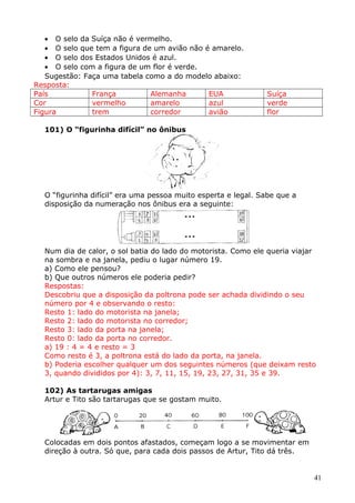 • O selo da Suíça não é vermelho.
• O selo que tem a figura de um avião não é amarelo.
• O selo dos Estados Unidos é azul.
• O selo com a figura de um flor é verde.
Sugestão: Faça uma tabela como a do modelo abaixo:
Resposta:
País
França
Alemanha
EUA
Cor
vermelho
amarelo
azul
Figura
trem
corredor
avião

Suíça
verde
flor

101) O “figurinha difícil” no ônibus

O “figurinha difícil” era uma pessoa muito esperta e legal. Sabe que a
disposição da numeração nos ônibus era a seguinte:

Num dia de calor, o sol batia do lado do motorista. Como ele queria viajar
na sombra e na janela, pediu o lugar número 19.
a) Como ele pensou?
b) Que outros números ele poderia pedir?
Respostas:
Descobriu que a disposição da poltrona pode ser achada dividindo o seu
número por 4 e observando o resto:
Resto 1: lado do motorista na janela;
Resto 2: lado do motorista no corredor;
Resto 3: lado da porta na janela;
Resto 0: lado da porta no corredor.
a) 19 : 4 = 4 e resto = 3
Como resto é 3, a poltrona está do lado da porta, na janela.
b) Poderia escolher qualquer um dos seguintes números (que deixam resto
3, quando divididos por 4): 3, 7, 11, 15, 19, 23, 27, 31, 35 e 39.
102) As tartarugas amigas
Artur e Tito são tartarugas que se gostam muito.

Colocadas em dois pontos afastados, começam logo a se movimentar em
direção à outra. Só que, para cada dois passos de Artur, Tito dá três.

41

 