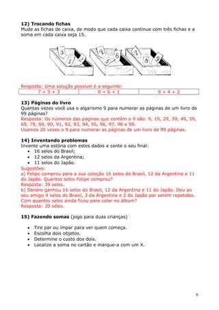 12) Trocando fichas
Mude as fichas de caixa, de modo que cada caixa continue com três fichas e a
soma em cada caixa seja 15.

Resposta: Uma solução possível é a seguinte:
7+5+3
8+6+1

9+4+2

13) Páginas do livro
Quantas vezes você usa o algarismo 9 para numerar as páginas de um livro de
99 páginas?
Resposta: Os números das páginas que contêm o 9 são: 9, 19, 29, 39, 49, 59,
69, 79, 89, 90, 91, 92, 93, 94, 95, 96, 97, 98 e 99.
Usamos 20 vezes o 9 para numerar as páginas de um livro de 99 páginas.
14) Inventando problemas
Invente uma estória com estes dados e conte o seu final:
• 16 selos do Brasil;
• 12 selos da Argentina;
• 11 selos do Japão.
Sugestões:
a) Felipe comprou para a sua coleção 16 selos do Brasil, 12 da Argentina e 11
do Japão. Quantos selos Felipe comprou?
Resposta: 39 selos.
b) Sandro ganhou 16 selos do Brasil, 12 da Argentina e 11 do Japão. Deu ao
seu amigo 4 selos do Brasil, 3 da Argentina e 2 do Japão por serem repetidos.
Com quantos selos ainda ficou para colar no álbum?
Resposta: 30 selos.
15) Fazendo somas (jogo para duas crianças)
•
•
•
•

Tire par ou ímpar para ver quem começa.
Escolha dois objetos.
Determine o custo dos dois.
Localize a soma no cartão e marque-a com um X.

6

 
