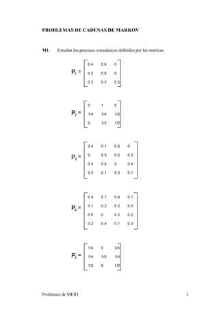 PROBLEMAS DE CADENAS DE MARKOV
M1. Estudiar los procesos estocásticos definidos por las matrices:
0.4
0.2
0.3
0.6
0.8
0.2
0
0
0.5
P1
=
0
1/4
0
1
1/4
1/2
0
1/2
1/2
P2
=
0.4
0
0.4
0.5
0.1
0.5
0.2
0.1
0.5
0.2
0
0.3
P3
=
0
0.3
0.4
0.1
0.4
0.1
0.6
0.2
0.1
0.2
0
0.4
0.4
0.2
0.2
0.1
P4
=
0.1
0.5
0.2
0.3
1/4
1/4
1/2
0
1/2
0
3/4
1/4
1/2
P5
=
Problemes de MEIO 1
 