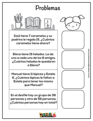 Problemas
www.materialparamaestros.com
Saúl tiene 7 caramelos y su
padrino le regala 15. ¿Cuántos
caramelos tiene ahora?
Elena tiene 15 helados. Le da
uno a cada uno de los 8 amigos.
¿Cuántos helados le quedaron
a Elena?
Manuel tiene 11 lápices y Estela
6. ¿Cuántos lápices le faltan a
Estela para tener los mismo
que Manuel?
En el desfile hay un grupo de 38
personas y otro de 56 personas.
¿Cuántas personas hay en total?
 