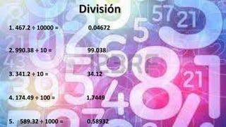 1. 467.2 ÷ 10000 = 0.04672
2. 990.38 ÷ 10 = 99.038
3. 341.2 ÷ 10 = 34.12
4. 174.49 ÷ 100 = 1.7449
5. 589.32 ÷ 1000 = 0.58932
