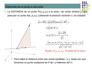 Distancias de un punto a una recta
 La DISTANCIA de un punto P(x0,y0,z0) a la recta r de vector director u, que
pasa por un punto A(a1,a2,a3), (utilizando el producto vectorial x ) se cumplirá
·
( )
( )
( )
( ) ( )
( )
1 2 3 0 1 0 2 0 3
2 2 2
1 2 3
1 2 3
,
,
,
, , , ,
Siendo , , un punto de la recta r
u AP u AP sen u AP
u d P r
u AP
d P r
u
u u u x a y
A a a a
a z a
u u u
× = × × =
= ×
×
⇒ = =
× − − −
=
+ +
r uuur r uuur ruuuur
r
r uuur
r
 Para hallar la distancia entre dos rectas paralelas r y s, basta con que
tomemos un punto cualquiera de P de r y hallemos d(P,r)
 