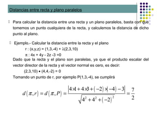 Distancias entre recta y plano paralelos
 Para calcular la distancia entre una recta y un plano paralelos, basta con que
tomemos un punto cualquiera de la recta, y calculemos la distancia de dicho
punto al plano.
 Ejemplo.- Calcular la distancia entre la recta y el plano
r : (x,y,z) = (1,3,-4) + λ(2,3,10)
π : 4x + 4y - 2z -3 =0
( ) ( )
( ) ( )
( )
22 2
4 1 4 3 2 4 3 7
, ,
24 4 2
d r d Pπ π
× + × + − × − −
= = =
+ + −
Dado que la recta y el plano son paralelas, ya que el producto escalar del
vector director de la recta y el vector normal es cero, es decir:
(2,3,10) • (4,4,-2) = 0
Tomando un punto de r, por ejemplo P(1,3,-4), se cumplirá
 