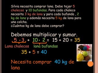 Silvia necesita comprar lana. Debe tejer 5
   chalecos y 10 bufandas. Para cada chaleco
   necesita 3 kg de lana y para cada bufanda , 2
   kg de lana y además necesita 5 kg de lana para
   una colcha.
   ¿Cuántos kg de lana debe comprar?

   Debemos multiplicar y sumar.
    5 •3 + 10• 2 = 15 + 20 = 35
Lana chalecos    lana bufandas
         35 + 5 = 40

   Necesita comprar 40 kg de
   lana
 