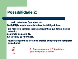 Possibilidade 2:Possibilidade 2:
Ele já colou 58 figurinhas.Ele já colou 58 figurinhas.
Seu irmão deu a ele 12.Seu irmão deu a ele 12.
Quantas figurinhas ele ainda precisa comprar para completarQuantas figurinhas ele ainda precisa comprar para completar
seu álbum?seu álbum?
João coleciona figurinhas deJoão coleciona figurinhas de
futebolfutebolO álbum para estar completo deve ter 85 figurinhasO álbum para estar completo deve ter 85 figurinhas..
Ele resolveu comprar todas as figurinhas que faltam na suaEle resolveu comprar todas as figurinhas que faltam na sua
coleção.coleção.
85
- 58
27
R: Precisa comprar 27 figurinhas
para completar o álbum.
 