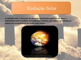 A radiação solar é absorvida de maneira natural pela superfície da terra, e
redistribuída pela circulação atmosférica e oceânica, para depois ser radiada ao
espaço em comprimentos de ondas mais longos:
Radiação Solar
http://www.not1.com.br/wp-content/uploads/2010/07/mundo-efeito-estufa1.jpg
 