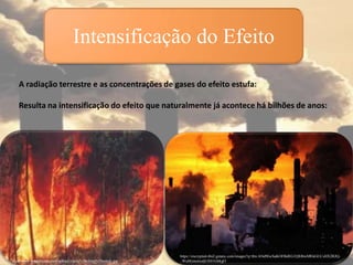 A radiação terrestre e as concentrações de gases do efeito estufa:
Resulta na intensificação do efeito que naturalmente já acontece há bilhões de anos:
Intensificação do Efeito
http://www.brasilescola.com/upload/e/aula%20efeito%20estufa.jpg
https://encrypted-tbn2.gstatic.com/images?q=tbn:ANd9GcSaKOFBdEG1Q8J6wMEkGUCsHX2RJQ-
_WuMzmotxaljGX01G6kgO
 