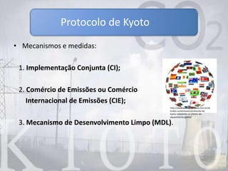 • Mecanismos e medidas:
1. Implementação Conjunta (CI);
2. Comércio de Emissões ou Comércio
Internacional de Emissões (CIE);
3. Mecanismo de Desenvolvimento Limpo (MDL).
Protocolo de Kyoto
http://www.ecologiaurbana.com.br/at
itudes-sustentaveis/protocolo-de-
kyoto-reduzindo-os-efeitos-do-
aquecimento-global/
 