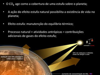• O CO2 age como a cobertura de uma estufa sobre o planeta;
• A ação do efeito estufa natural possibilita a existência de vida no
planeta;
• Efeito estufa: manutenção do equilíbrio térmico;
• Processo natural + atividades antrópicas = contribuições
adicionais de gases do efeito estufa;
 