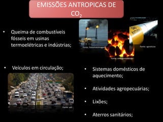 Fonte: energiasdasaúde
Fonte: vgnoticias
• Queima de combustíveis
fósseis em usinas
termoelétricas e indústrias; Fonte: fotosmaisimagens
• Veículos em circulação;
Fonte: uol
• Sistemas domésticos de
aquecimento;
• Atividades agropecuárias;
• Lixões;
• Aterros sanitários;
EMISSÕES ANTROPICAS DE
CO2
 
