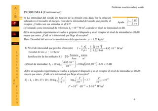 6
Problemas resueltos ondas y sonido
b) Nivel de intensidad que percibe el receptor
2
1 2
0
v
p
I


Densidad del aire:  = 1.22 kg/m3
  211
24
W/m1082.4
403.221
102
2
1 





Justificación de las unidades S.I.  
m
watios
Área
Potencia
2
I
c) Nivel de intensidad   dB171201082.4log10
10
1082.4
log10 11
12
11
10 




 
 


IL
d) En un segundo experimento se vuelve a golpear el diapasón y en el receptor el nivel de intensidad es 20 dB
mayor que antes. ¿Cuál es la intensidad que llega al receptor?





 
 1210
10
log10201720
I
LL II
7.3
10
log 1210 




 

I 7.3
12
10
10



I
29127.3
W/m1051010 
I
b) La intensidad del sonido en función de la presión está dada por la relación
indicada en el recuadro al margen. Calcular la intensidad del sonido que percibe el
receptor. ¿Cuáles son sus unidades en el S.I? 2
1 2
0
v
p
I


c) Tomando como intensidad de referencia I0 = 10-12 W/m2, calcular el nivel de intensidad en dB.
d) En un segundo experimento se vuelve a golpear el diapasón y en el receptor el nivel de intensidad es 20 dB
mayor que antes. ¿Cuál es la intensidad que llega al receptor?
Dato. Densidad del aire en las condiciones del experimento:  = 1.22 kg/m3
Ayuda
PROBLEMA 4 (Continuación)
 