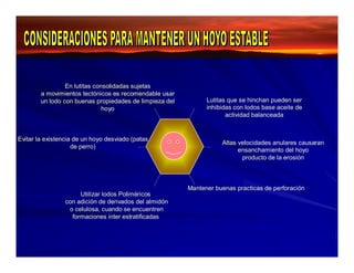 Lutitas que se hinchan pueden ser 
inhibidas con lodos base aceite de 
actividad balanceada 
En lutitas consolidadas sujetas 
a movimientos tectónicos es recomendable usar 
un lodo con buenas propiedades de limpieza del 
hoyo 
Utilizar lodos Poliméricos 
con adición de derivados del almidón 
o celulosa, cuando se encuentren 
formaciones inter estratificadas 
Mantener buenas practicas de perforación 
Evitar la existencia de un hoyo desviado (patas 
de perro) Altas velocidades anulares causaran 
ensanchamiento del hoyo 
producto de la erosión 
 