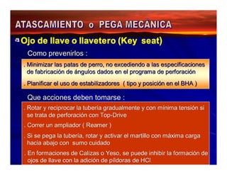 Ojo de llave o llavetero (Key seat) 
Como prevenirlos : 
. Minimizar las patas de perro, no excediendo a las especificaciones 
de fabricación de ángulos dados en el programa de perforación 
. Planificar el uso de estabilizadores ( tipo y posición en el BHA ) 
Que acciones deben tomarse : 
. Rotar y reciprocar la tubería gradualmente y con mínima tensión si 
se trata de perforación con Top-Drive 
. Correr un ampliador ( Reamer ) 
. Si se pega la tubería, rotar y activar el martillo con máxima carga 
hacia abajo con sumo cuidado 
. En formaciones de Calizas o Yeso, se puede inhibir la formación de 
ojos de llave con la adición de píldoras de HCl 
 