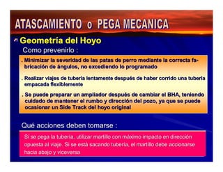 Geometría del Hoyo 
Como prevenirlo : 
. Minimizar la severidad de las patas de perro mediante la correcta fa-bricación 
de ángulos, no excediendo lo programado 
. Realizar viajes de tubería lentamente después de haber corrido una tubería 
empacada flexiblemente 
. Se puede preparar un ampliador después de cambiar el BHA, teniendo 
cuidado de mantener el rumbo y dirección del pozo, ya que se puede 
ocasionar un Side Track del hoyo original 
Quuéé aacccciioonneess ddeebbeenn ttoomaarrssee :: 
. Si se pega la tubería, utilizar martillo con máximo impacto en dirección 
opuesta al viaje. Si se está sacando tubería, el martillo debe accionarse 
hacia abajo y viceversa 
 